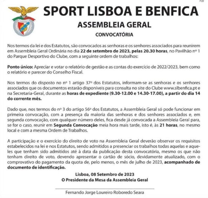 Preview Benfica: Assembleia Geral Retomada, Sócios Rejeitam Relatório e Contas